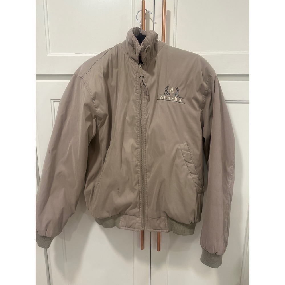 VTG Fahrenheit Men's Beige Bomber Jacket Insulated Lined "Alaska" Logo Size S